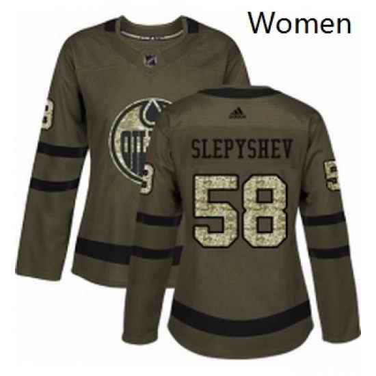 Womens Adidas Edmonton Oilers 58 Anton Slepyshev Authentic Green Salute to Service NHL Jersey